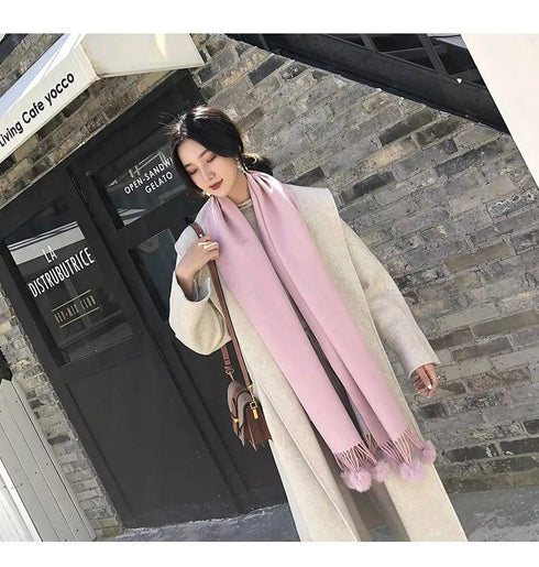 Solid Colour Soft Pom Pom Cashmere Shawl